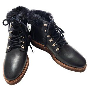 Botkier NY NEW Winter Black Leather Lace Up Fur Trim Boots Rubber Sole Size 10
